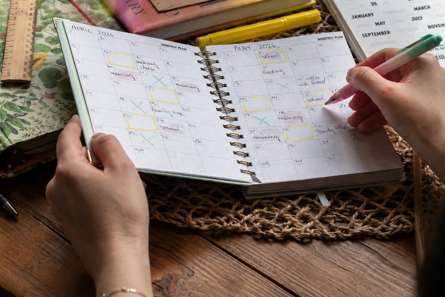 A planner marked with notes and dates during a diagnostic planning process.